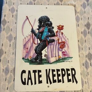 Gate Keeper Porcelain Vintage Sign - Black and Blue Poodle, Cat & Mouse